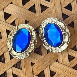 Vintage Clip On Earrings 80’s Gold Blue Gemstone Jewel Rhinestone Oval